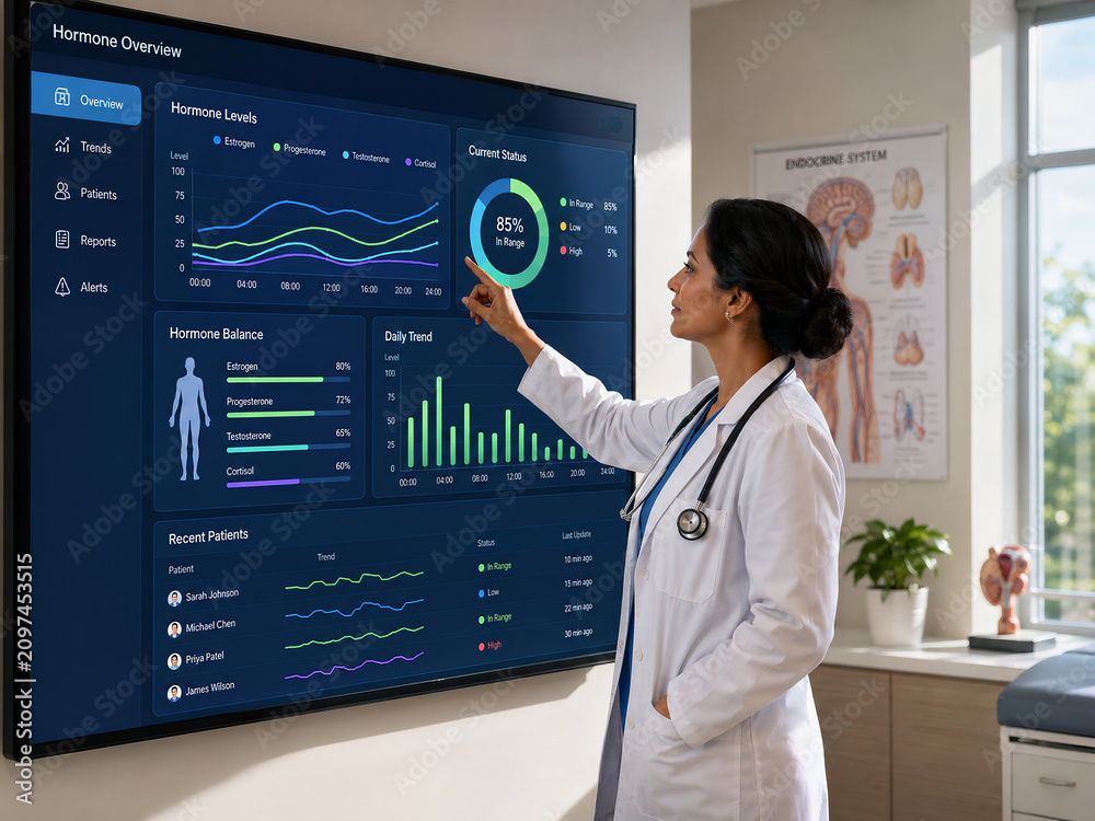 Doctor analyzing patient hormone level data on a digital medical display in a clinic