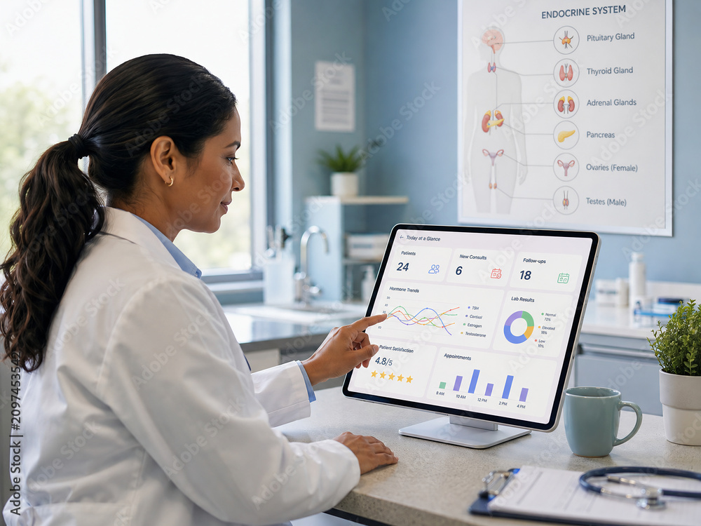 Female endocrinologist analyzing patient hormone data on a digital tablet in a clinic