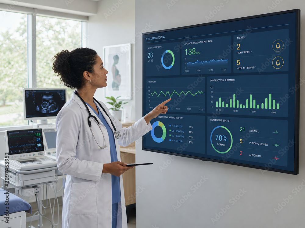 Doctor analyzing fetal monitoring data on a digital screen in a hospital clinic