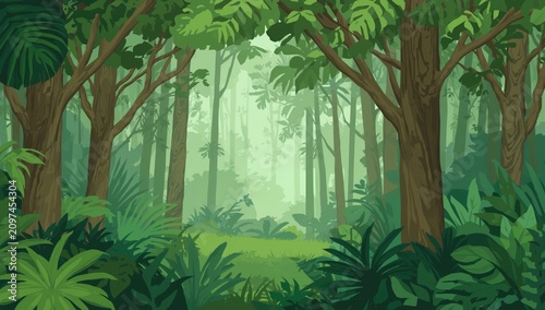 Lush Green Forest Scene with Dense Foliage and Soft Mist