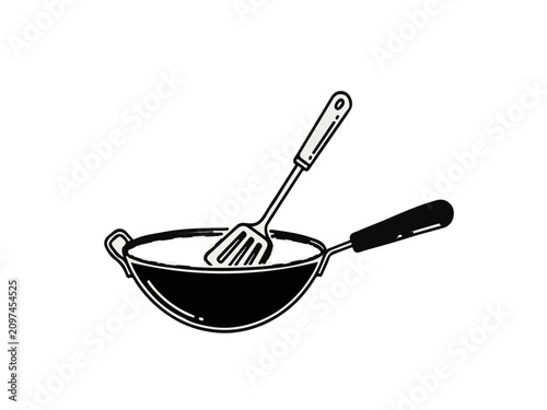 Hand Drawn Minimalist Black and White Vector Illustration of a Wok and Spatula Kitchenware Icon