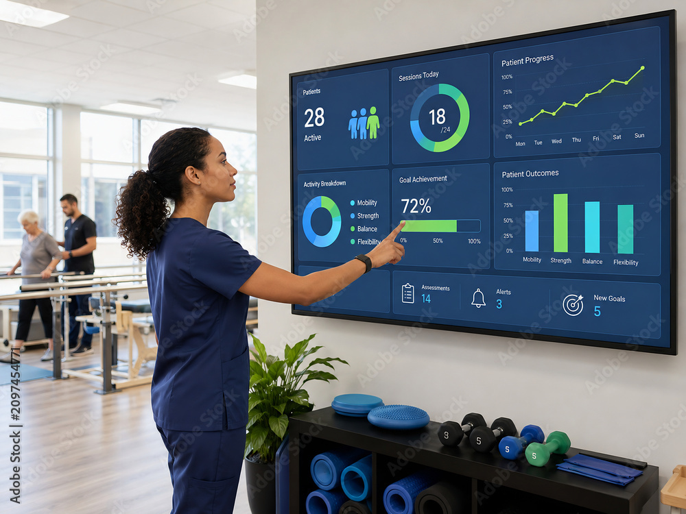 Physical therapist monitoring patient progress data on a digital dashboard in a clinic