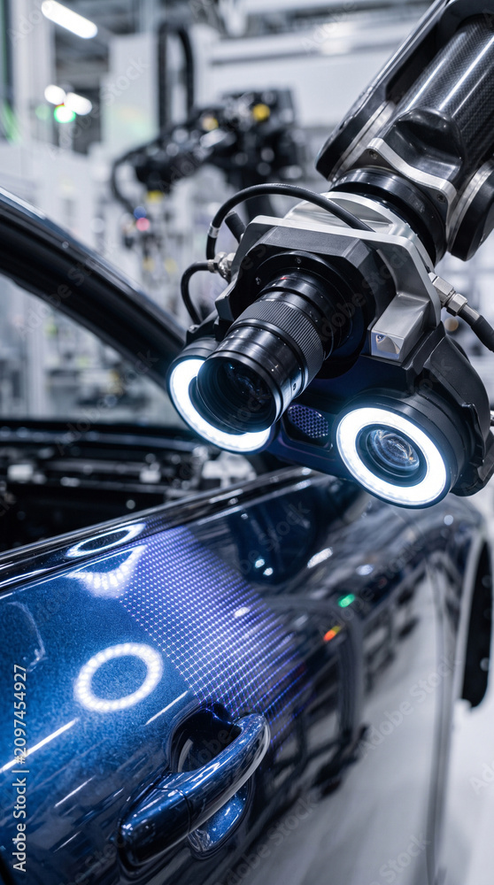 Fototapeta premium Advanced robotic sensors inspecting automotive paintwork for quality control in a clean high-tech industrial environment, macro close-up view