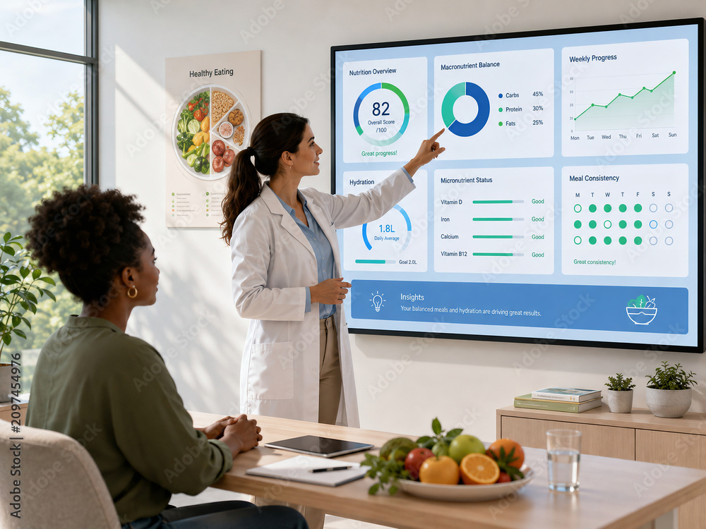 Nutritionist counseling patient using digital health data dashboard