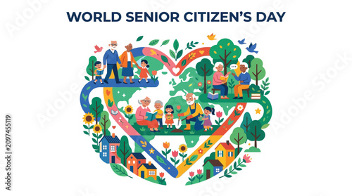 Diverse elderly people and children interacting in a vibrant heart shaped illustration for senior citizens day