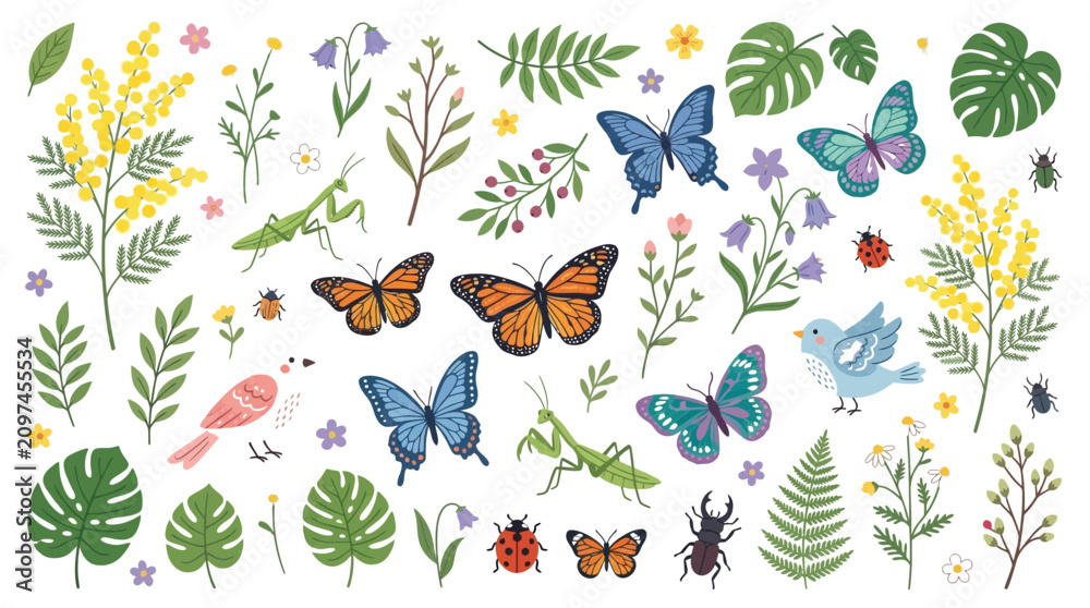 Fototapeta premium Vibrant collection of colorful butterflies, friendly insects, singing birds, tropical leaves and delicate spring flowers