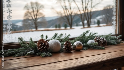 Winter window and wooden ta...