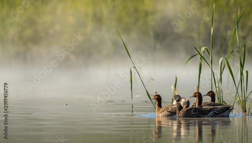Ducks Swimming in Misty Pon...