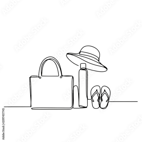 Beach essentials including a tote bag sun hat sunscreen and flip-flops during a sunny day Isolated on transparent background