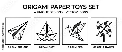 Origami Paper Toys Set: Airplane, Boat, Bird, Pinwheel - Vector Icons