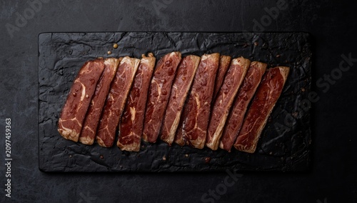 Raw beef strips arranged on...