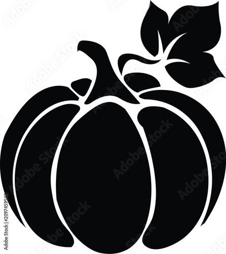 Iconic black silhouette of a classic pumpkin, complete with its characteristic stem and a single leaf, perfectly capturing the essence of autumn, harvest, and Halloween festivities