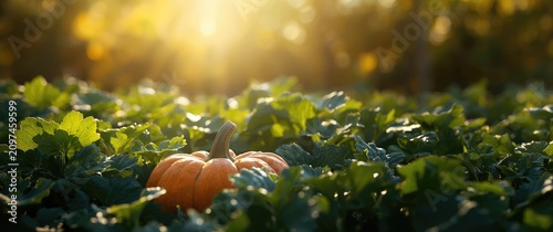 Ripe Pumpkin among Lush Gre...