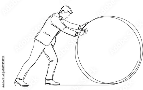 Businessman pushing large circle with effort during a sunrise conceptualizing effort and challenge isolated on transparent background