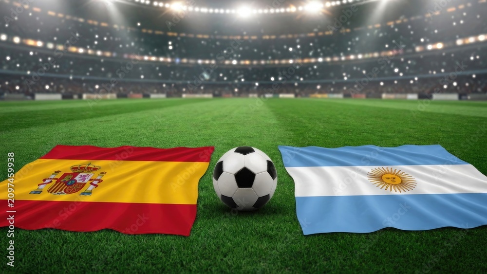 Obraz premium Flags of Spain and Argentina flank soccer ball on vibrant field, symbolizing unity