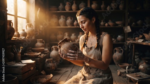 Traditional Female Potter Creating Handmade Ceramic Pottery in Rustic Artisan Workshop
