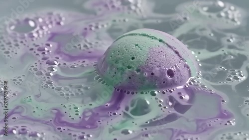 Slow motion close-up of a fizzy bath bomb dissolving in water. Purple and green colors swirling with expanding bubbles. Self-care and spa wellness concept