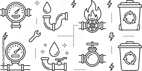 Home utility and plumbing service vector icon set featuring pressure gauge pipe water valve gas fire recycle bin.