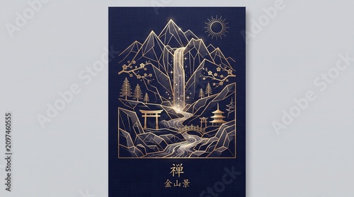 Minimalist Mountain Waterfall Line Art with Gold Foil Design