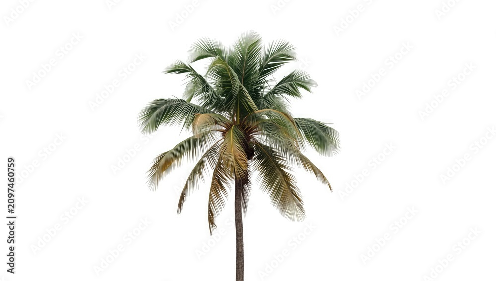Fototapeta premium Tall Palm Tree with Green and Yellow Leaves Isolated on White