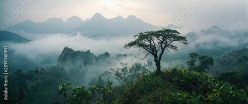 Lone Tree on a Misty Mounta...