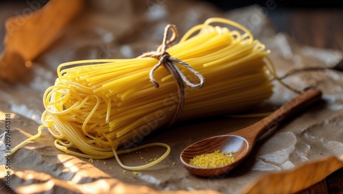 Yellow long spaghetti on a ...