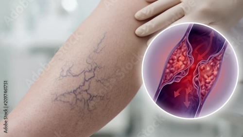 Phlebologist examining a patient's leg with varicose veins, showing an animated graphic of deep vein thrombosis and poor blood circulation, illustrating a serious vascular health problem