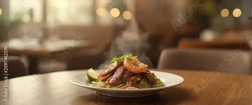 Panel kuchenny z motywem Delicious Shrimp Dish on a Plate with Steamy Fresh Garnish in a Cozy Restaurant Setting