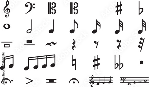 Foto Set of music notation symbols including various clefs notes rests and accidentals isolated