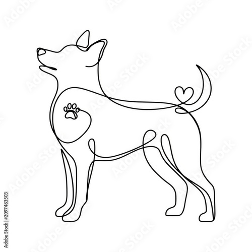 Dog silhouette in continuous line art with heart and paw print symbol on chest isolated on transparent background