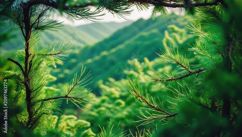 Young pine branches on a su...
