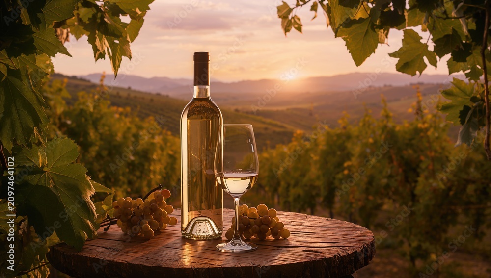 Obraz premium Wine Bottle and Glass on Rustic Table in Vineyard at Sunset