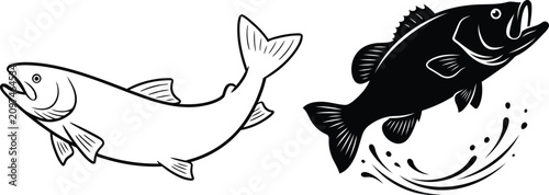 Foto Two fish illustrations salmon and largemouth bass in black and white