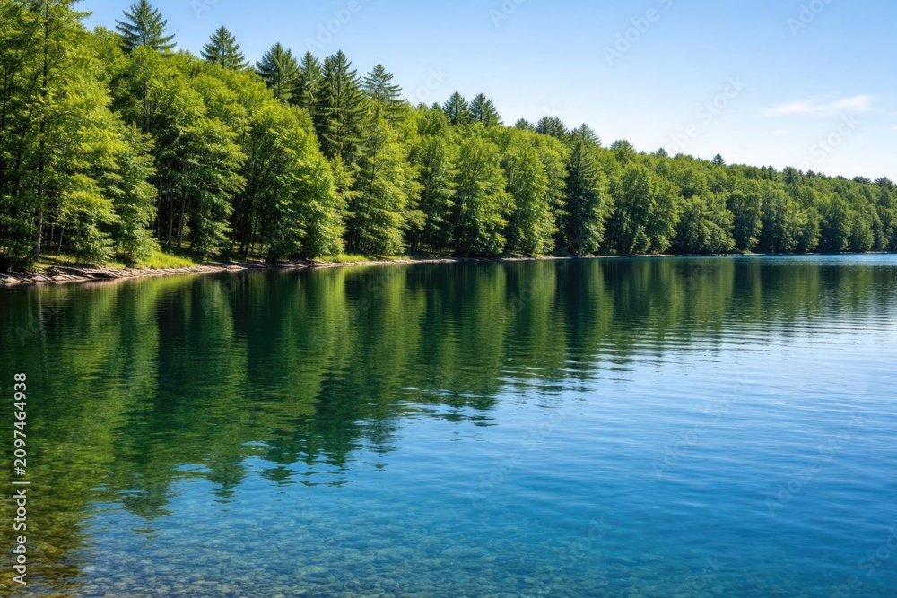 Fototapeta premium Lush Green Trees Reflecting in Calm Lake Water Under Bright Blue Sky
