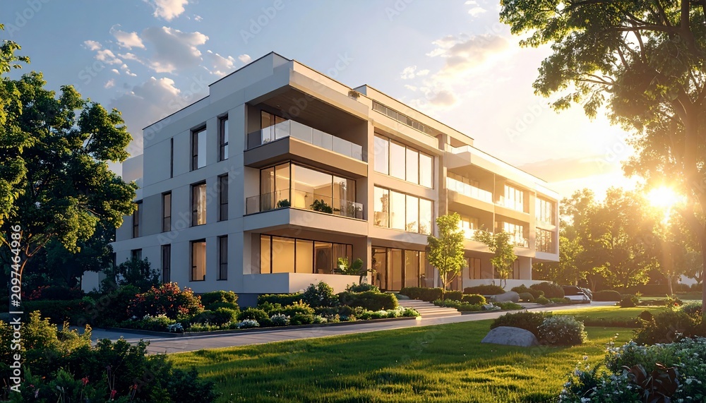 Fototapeta premium Modern Apartment Building with Lush Greenery and Sunset Glow.