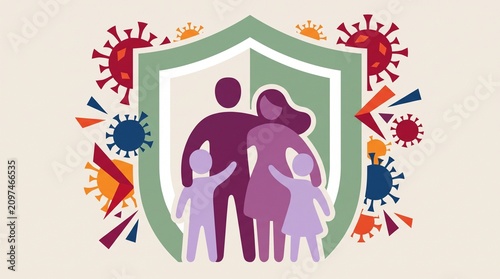 Family protection illustration, shield protecting parents and children from virus threats, health security concept, disease prevention and immunity artwork