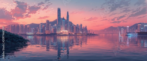 Illustrated aerial city skyline featuring calm lake waters in anime style