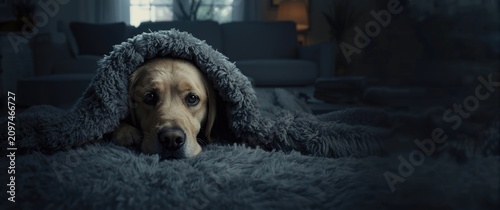 Dog relaxing under a gray b...