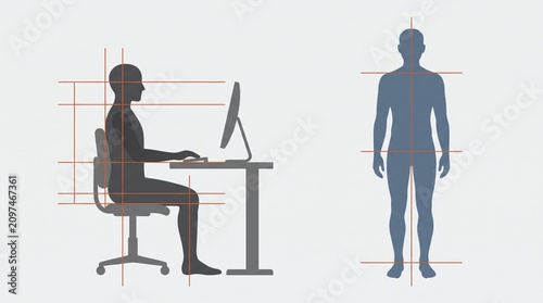 Ergonomic posture illustration, proper sitting and standing body alignment, human anatomy and health guidance, office workstation ergonomics for productivity