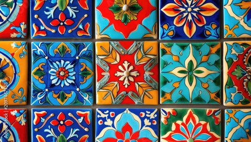 Photograph of classic Portuguese tiles in shades of orange, turquoise, and brown