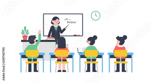 Teacher instructing students in a modern classroom, learning foreign languages