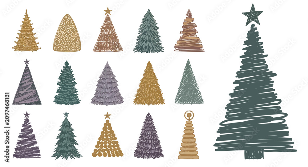 Obraz premium Hand drawn Christmas tree collection, 16 festive pine tree vector icons. Scribble style holiday evergreens, gold and green fir tree sketches for winter cards