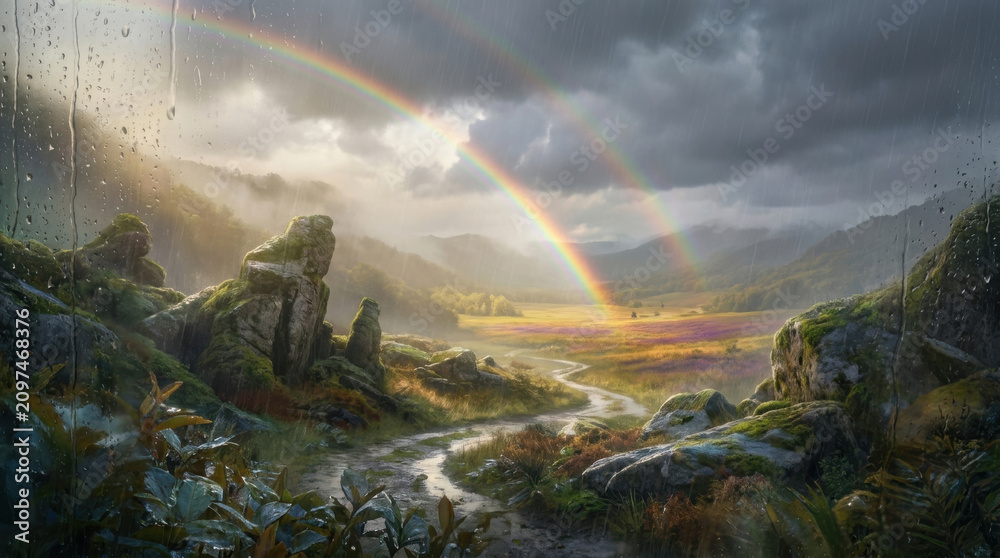 Obraz premium A serene landscape with a vibrant rainbow stretching across a cloudy sky over a winding road through a lush valley with plants and rocks.