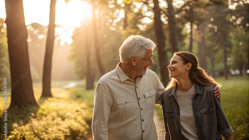 Fototapeta premium Elderly Father and Daughter Walking in Park, Heartwarming Moment of Bonding. Senior Family Connection in Nature Setting.