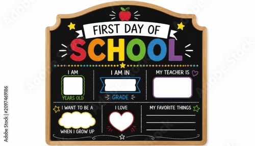 Colorful first day of school chalkboard sign featuring blank spaces for writing student personal information details