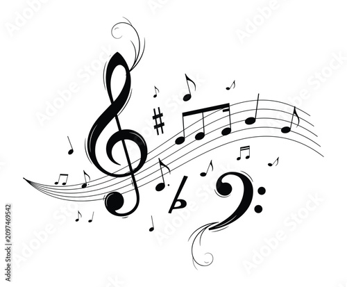 Fotografie Artistic representation of musical notes and symbols including a treble clef and