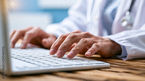 Close up of physician typing on computer keyboard at desk in healthcare medical setting.