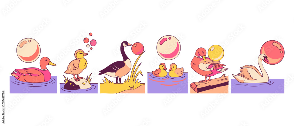 Obraz premium Duck swan goose illustration set featuring cute water birds with bubbles in pastel colors. Vector icons of cartoon ducklings, swan, and Canada goose swimming and playing in water, isolated on white.