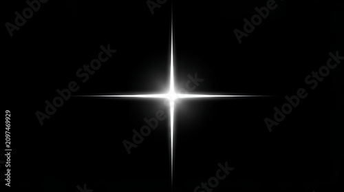 Four pointed white starburst light effect with long horizontal and vertical rays isolated on a solid black background, for overlays