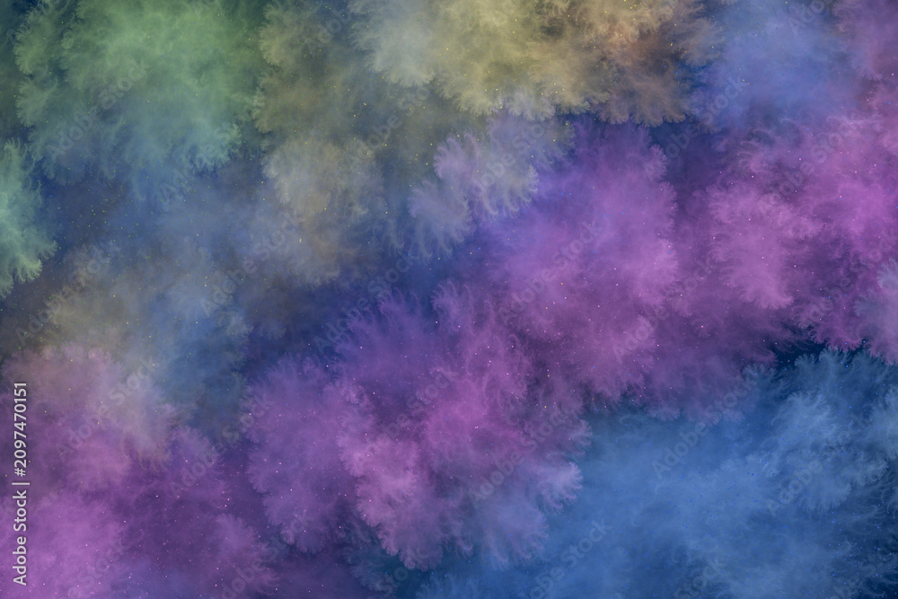 Fototapeta premium Abstract background with vibrant multicolored fractal clouds and glowing details in purple blue and light green